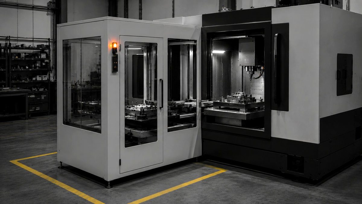 Paletyzator ze stacją ładowania - wymiennik palet ze szklaną obudową, centrum obróbcze, automatyczna obsługa CNC