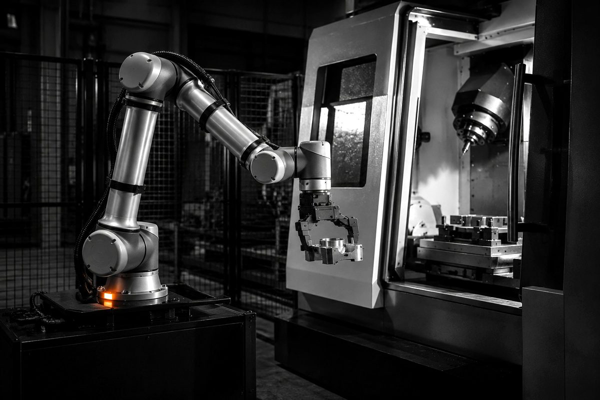 Cobot stanowiska obróbczego - cobot 6-osiowy z chwytakiem trzymającym detal, obsługa centrum obróbczego z otwartymi drzwiami