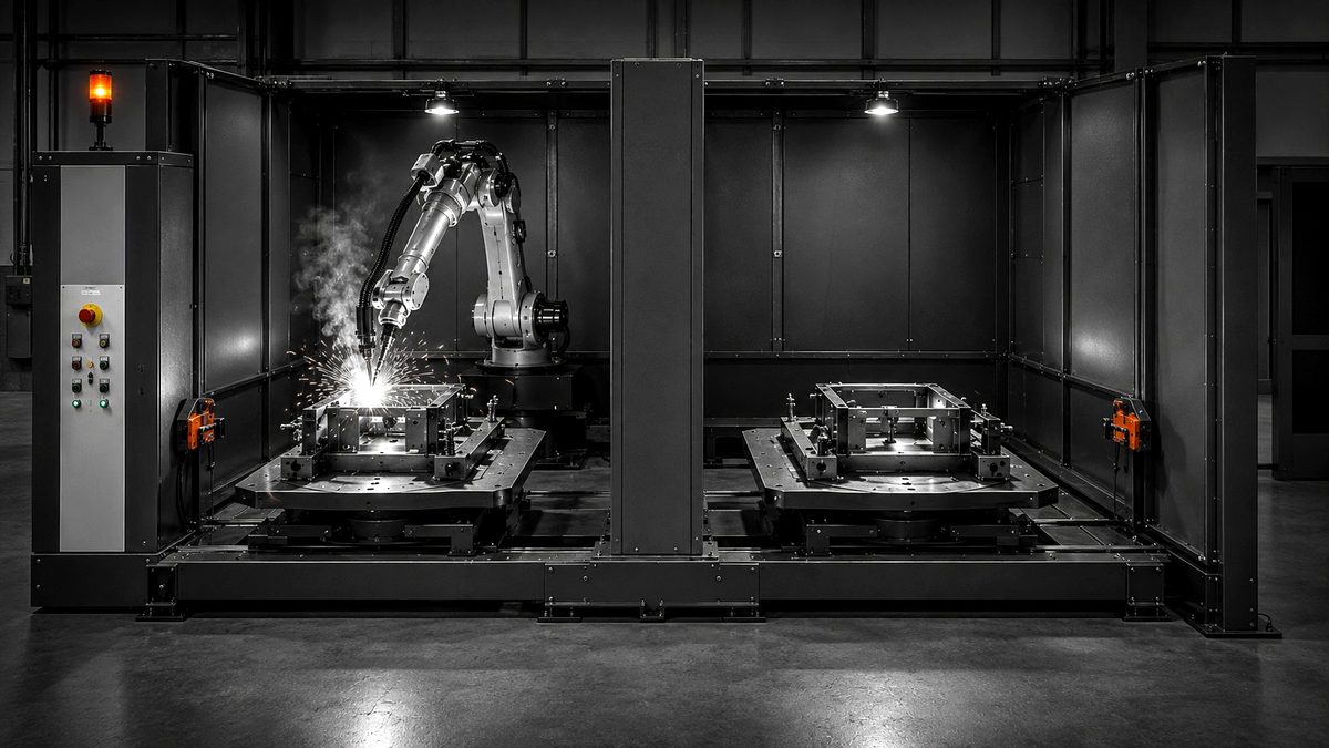 Zrobotyzowana cela spawalnicza OTC - robot 6-osiowy z palnikiem MIG, dwa stoły obrotowe z oprzyrządowaniem, łuk spawalniczy