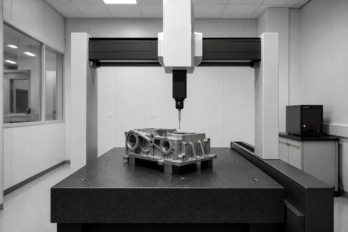 Maszyna pomiarowa CMM w klimatyzowanym laboratorium - granitowy stół pomiarowy, konstrukcja portalowa, głowica z trzpieniem, korpus aluminiowy w trakcie pomiaru