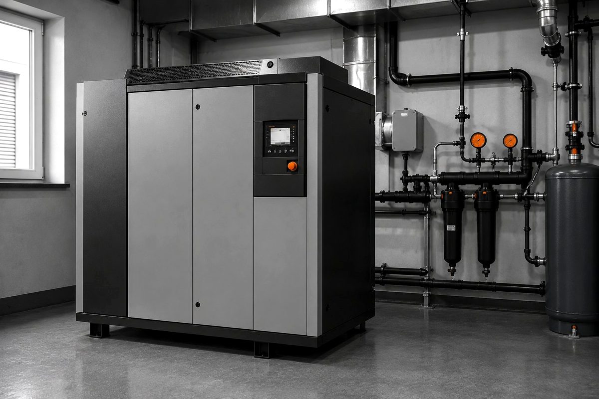 Wsparcie produkcji - kompresor śrubowy Kaeser w kompresowni, instalacja rurowa, filtry sprężonego powietrza, manometry, zbiornik ciśnieniowy